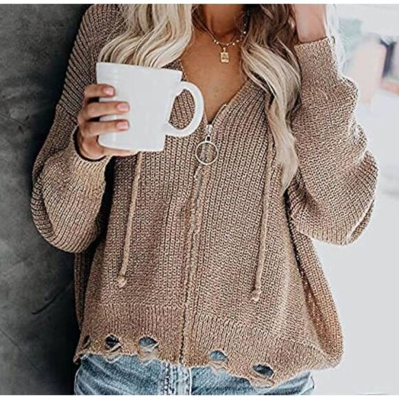 Knit Hoodie Zipper Open Front Cardigan Ripped Long Sleeve Distressed Sweater Hoo - Picture 4 of 10